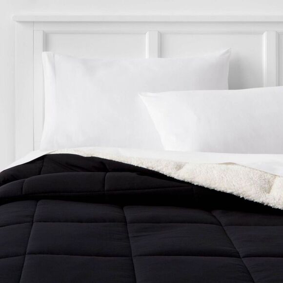 Open Box - Room Essentials - Full/Queen Faux Shearling Washed Microf Black - Picture 1 of 3